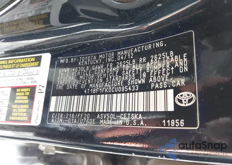 2012 Toyota Camry Se из США, поврежденный, VIN 4T1BF1FK0CU095433